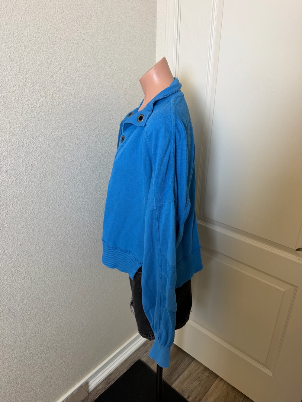 Pilcro Bright Blue Button-Detail Pullover Bomber Sweatshirt - Picture 2 of 5